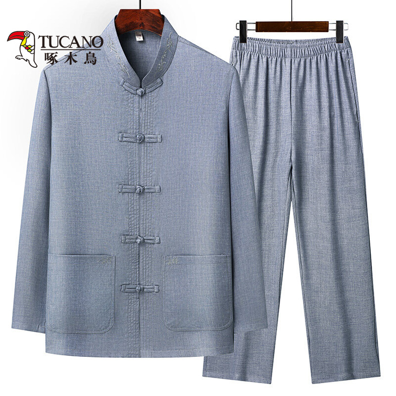 啄木鸟男士长袖中国风中老年唐装衬衫套装春夏休闲老年人衣服