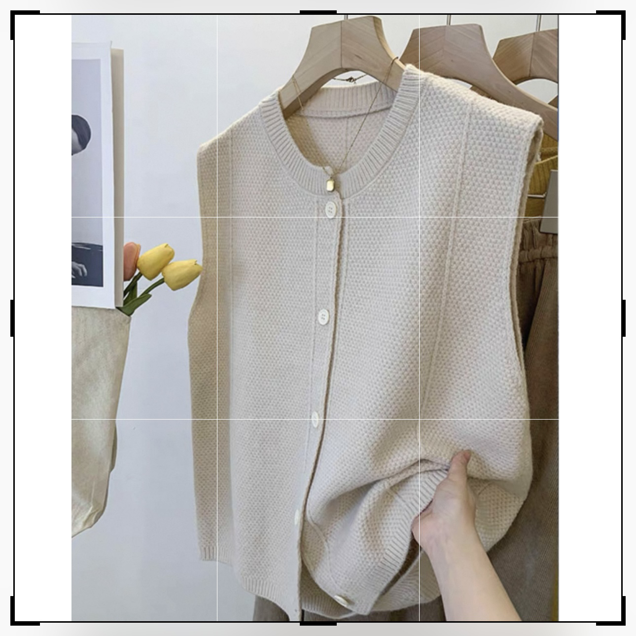 复古小众圆领纽扣背心女秋冬宽松叠穿无袖马夹毛衣外套