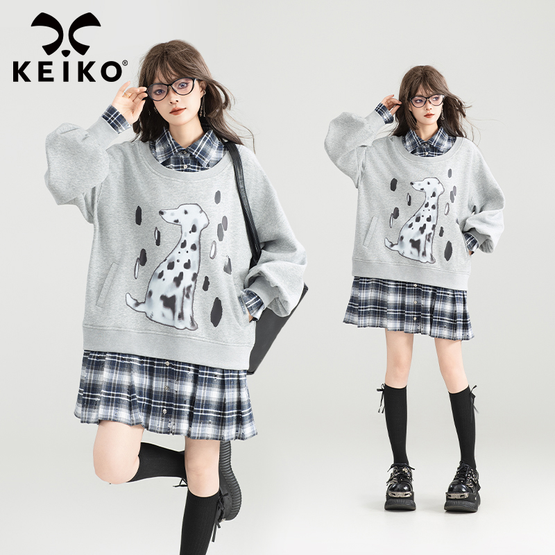 KEIKO 斑点狗美式叠拼假两件式连衣裙25秋季设计感宽松显瘦卫衣裙