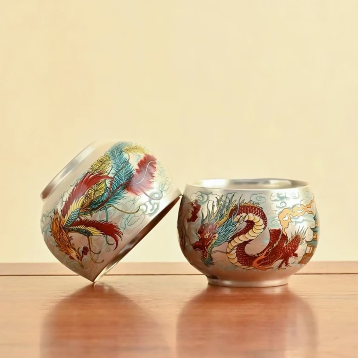 AA046龙凤瓷胎包银缸杯主人杯品茗杯D
