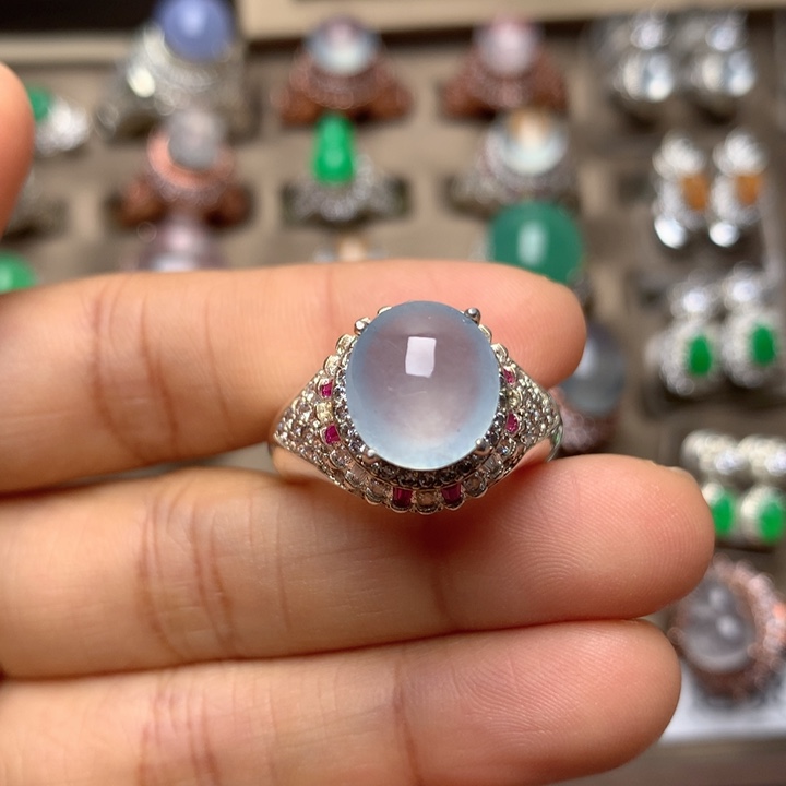 翡翠合金戒指翡翠冰种蓝底戒面