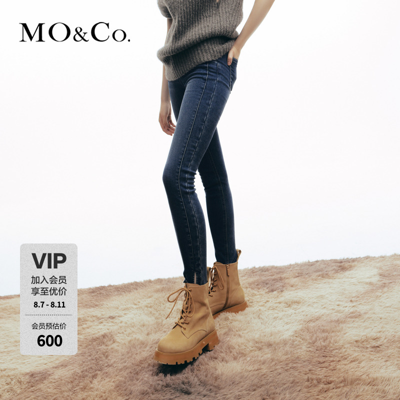 MOCO冬季深蓝色高腰修身弹性牛仔裤小脚裤长裤弹力紧身MBC4JENT17
