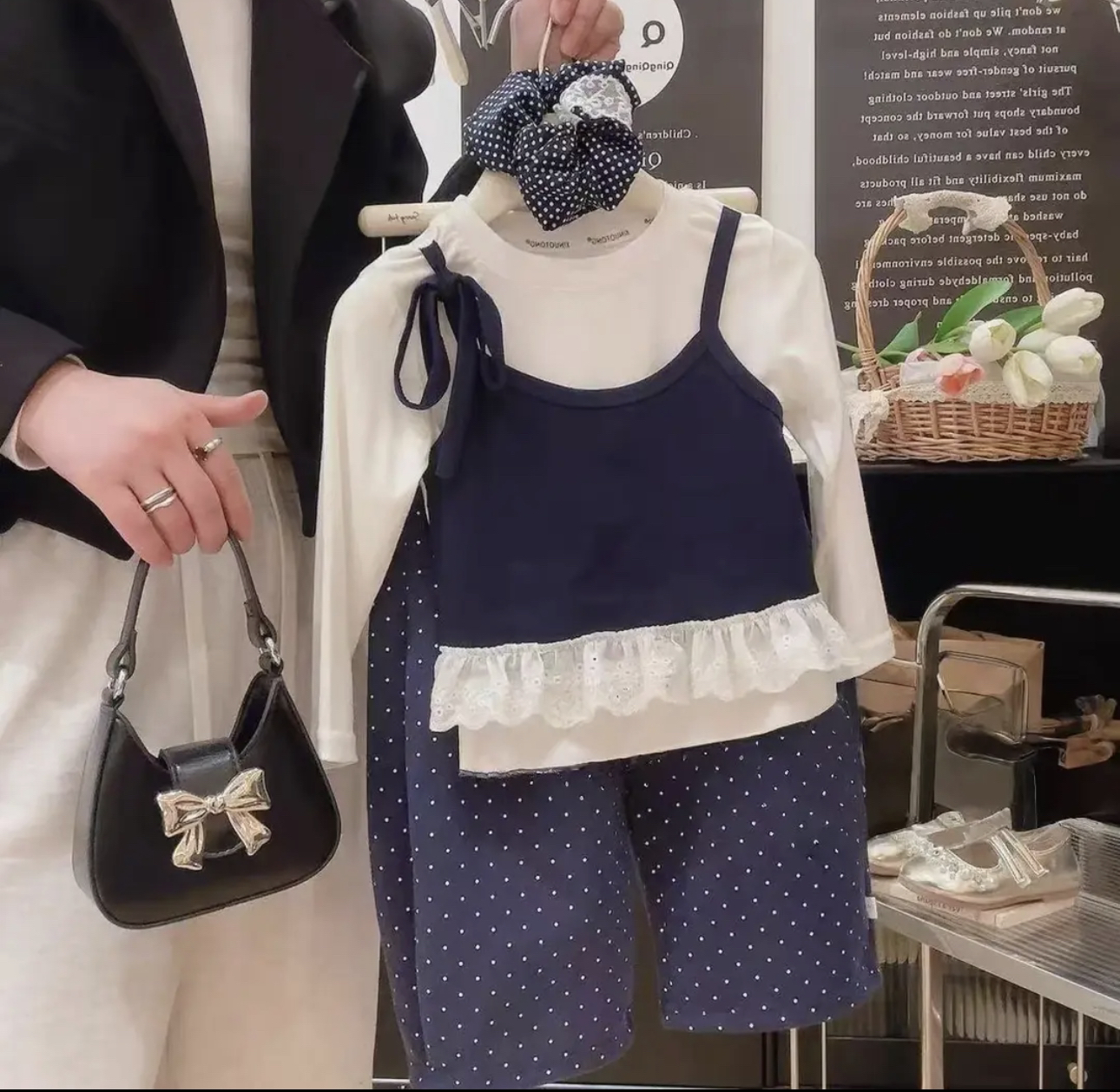 2025春季新款女童韩系甜妹蕾丝吊带打底阔腿裤两件套T-7526