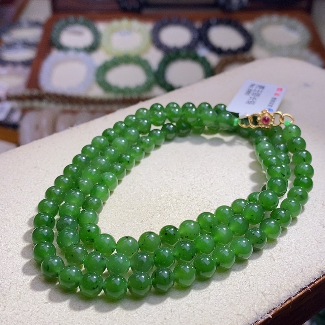 颈饰未镶嵌和田玉碧玉银镶项链6MM