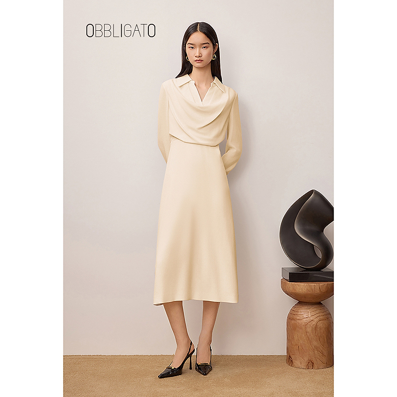 OBBLIGATO奥丽嘉朵2025秋季新品荡领1C35305150法式优雅连衣裙