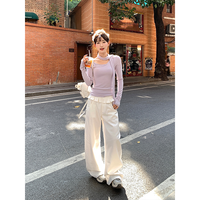 宋正恩白色直筒休闲裤女小花边设计感高腰宽松阔腿拖地裤ST803