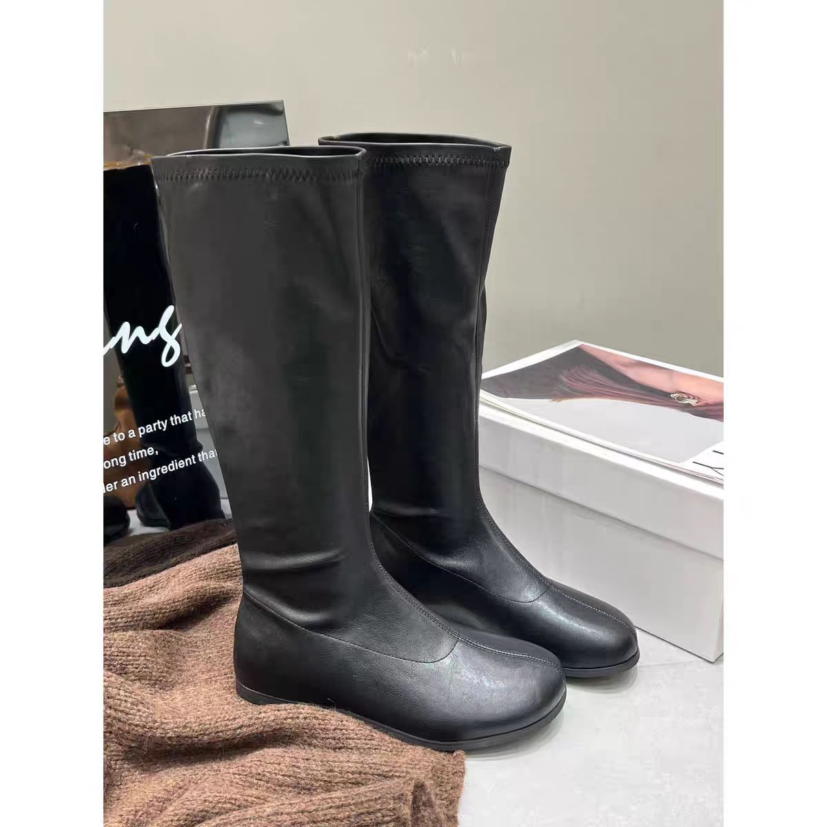 君君家【内增高】英伦风高筒骑士靴 百搭加绒芒果头长筒靴 L275-17