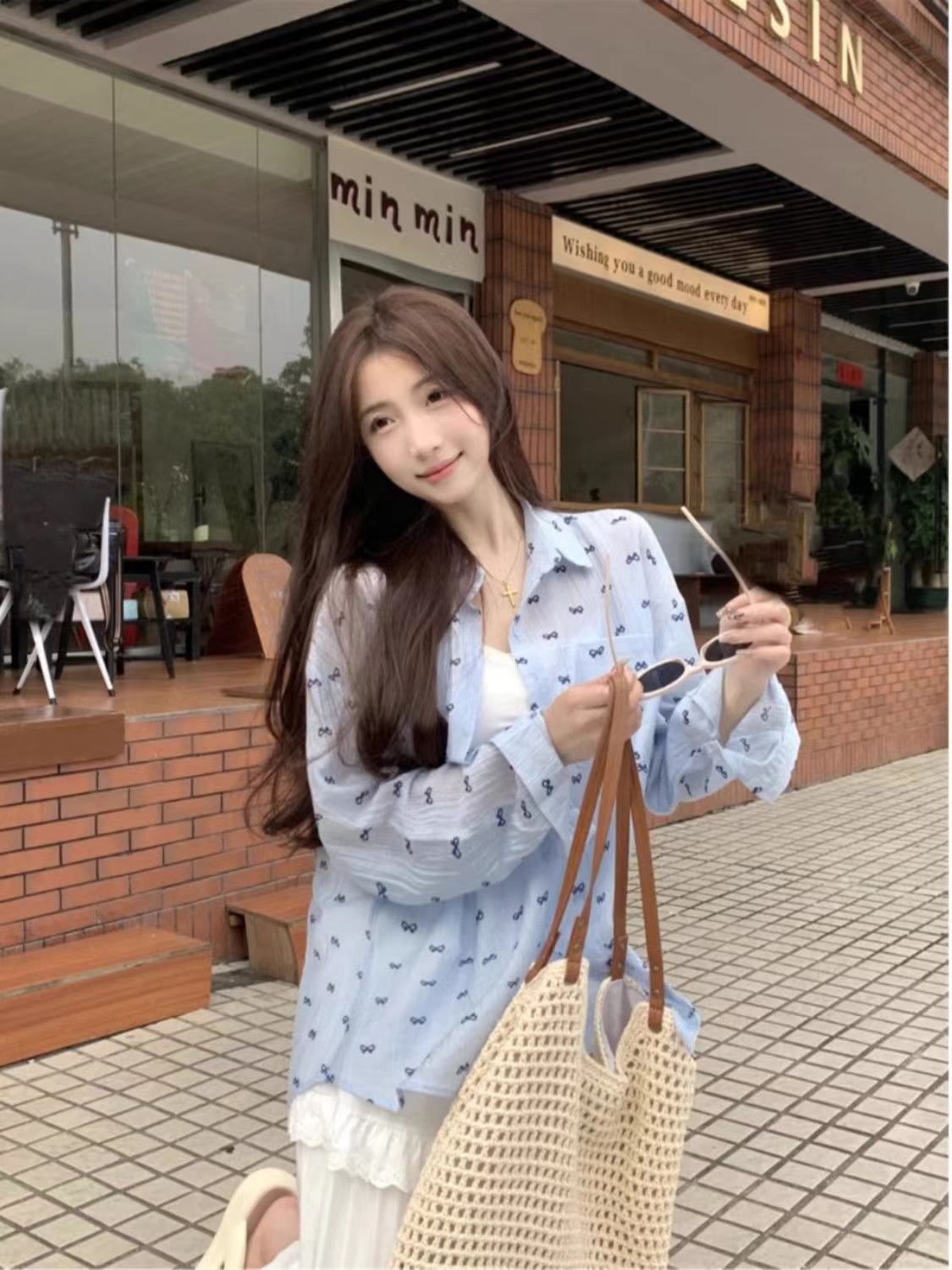 蝴蝶结碎花休闲外穿长袖上衣女春季2025新款韩版宽松薄款防晒衬衫