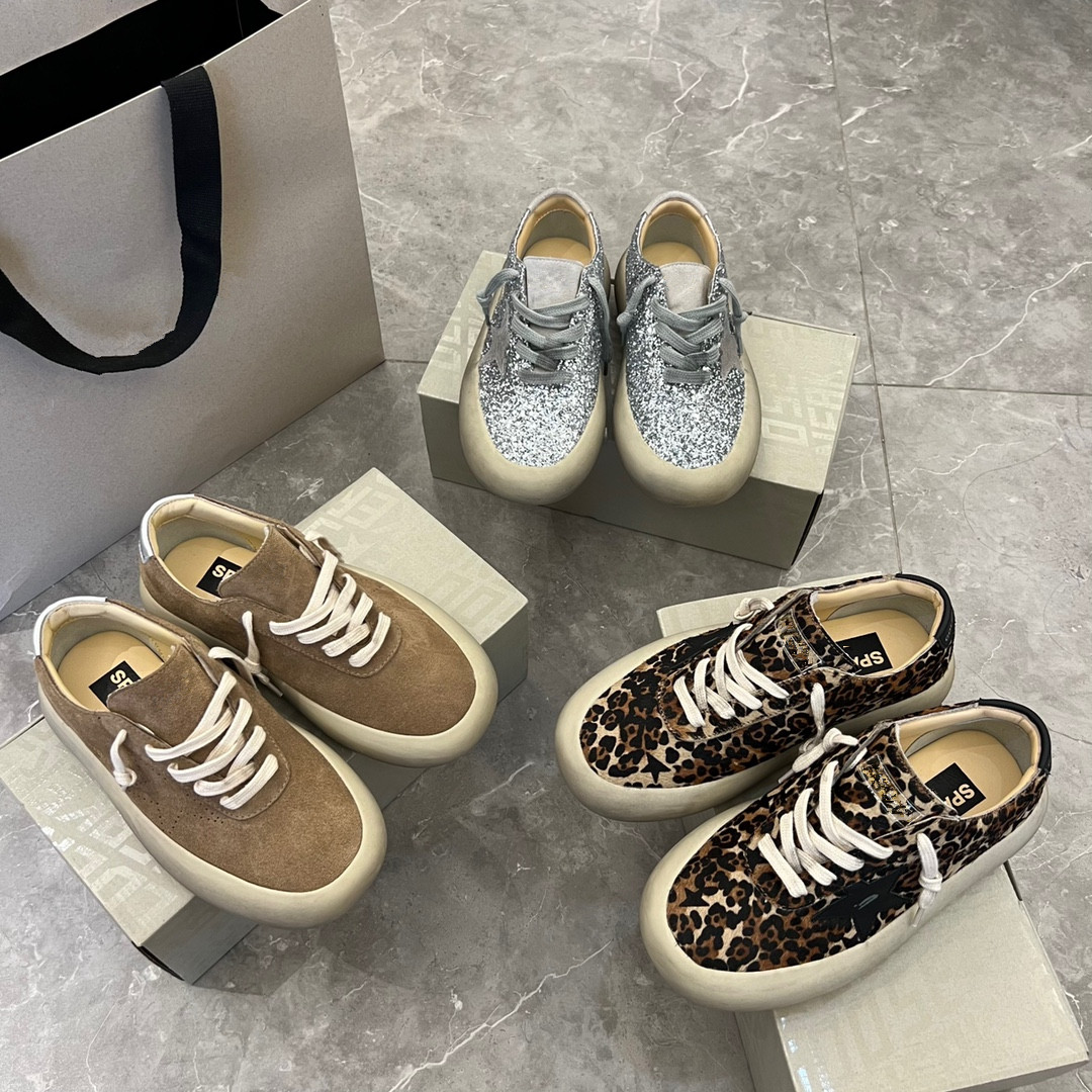 新款韩版SPA棕色豹纹亮片做旧星星小脏鞋女面包鞋内增高休闲板鞋