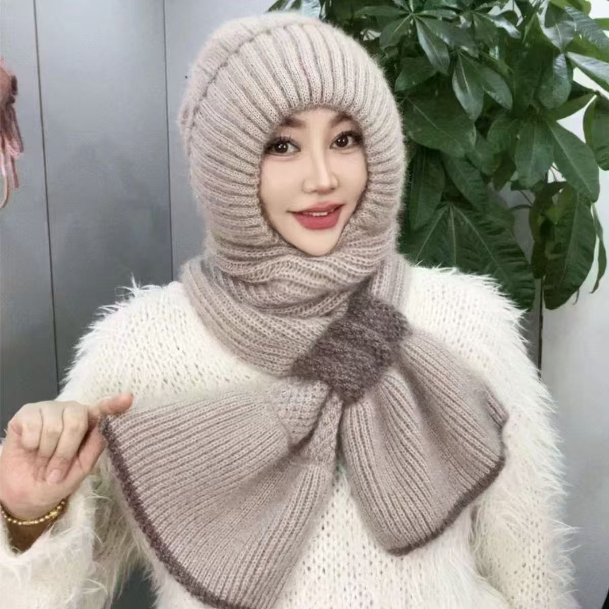 【加绒双拼新款】冬季加绒加厚帽子围脖一体.纯手工编织护耳风雪帽