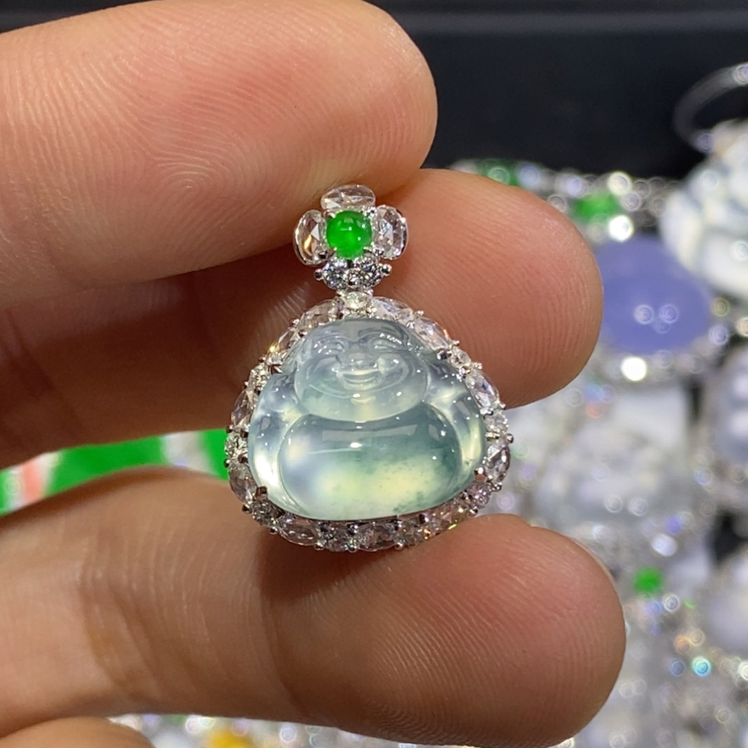 吊坠(不含链)18K金镶嵌翡翠冰飘花佛公