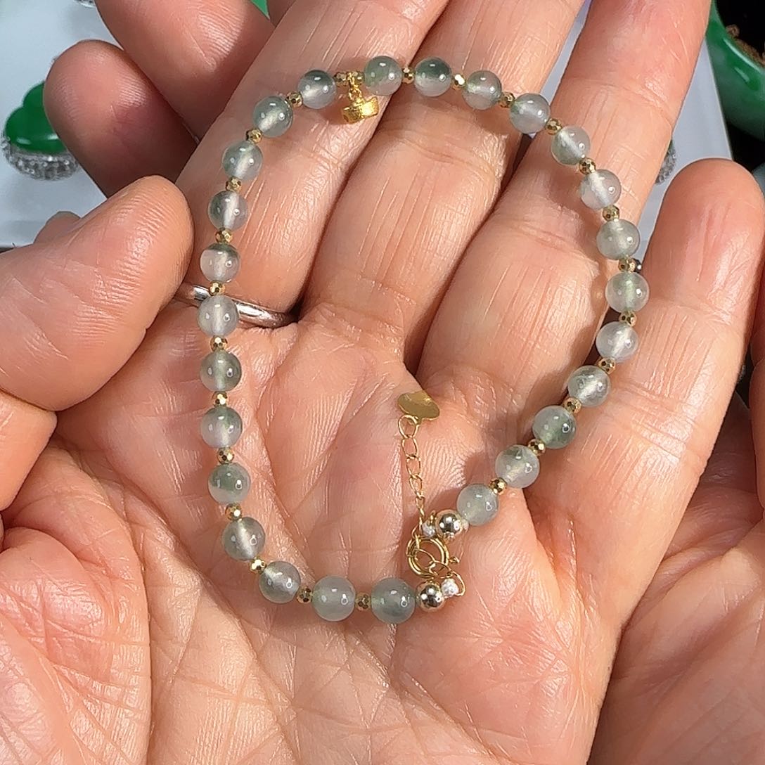 翡翠手链18K金镶嵌冰珠
