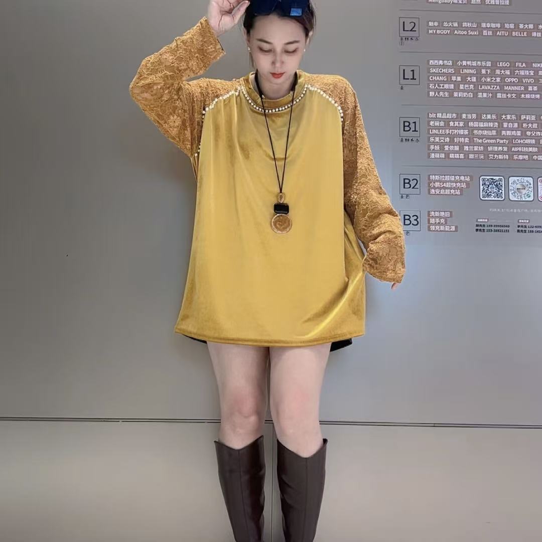 【艾艾401】宽松高级感钉珠丝绒蕾丝袖拼接中长款上衣长袖打底百搭