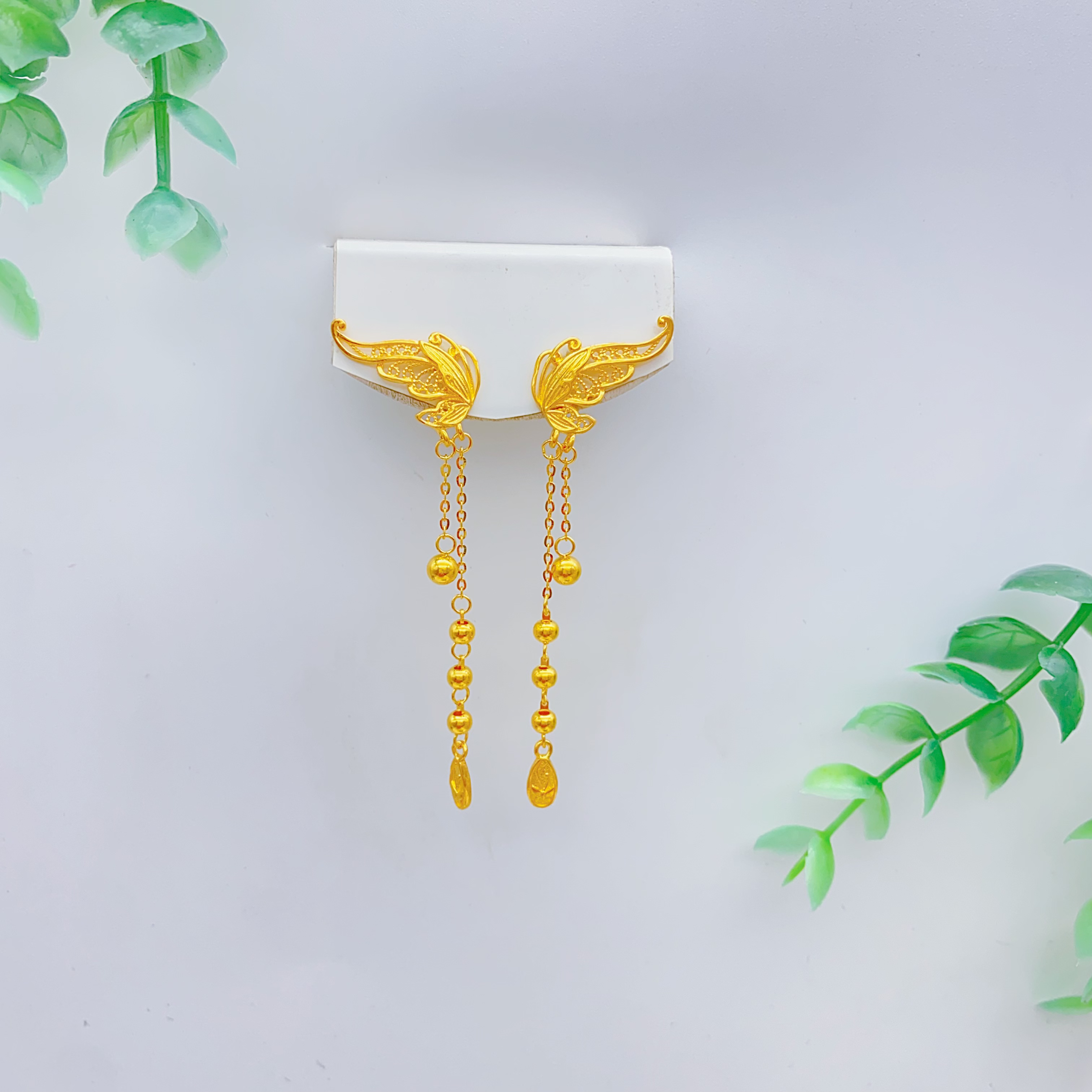 老庙黄金足金精工5G工艺蝴蝶直针耳钉流苏时尚个性气质4.55克