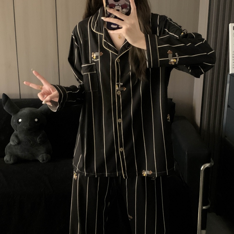 春秋长袖情侣睡衣男女士条纹高级感腊肠狗宽松慵懒礼物套装家居服