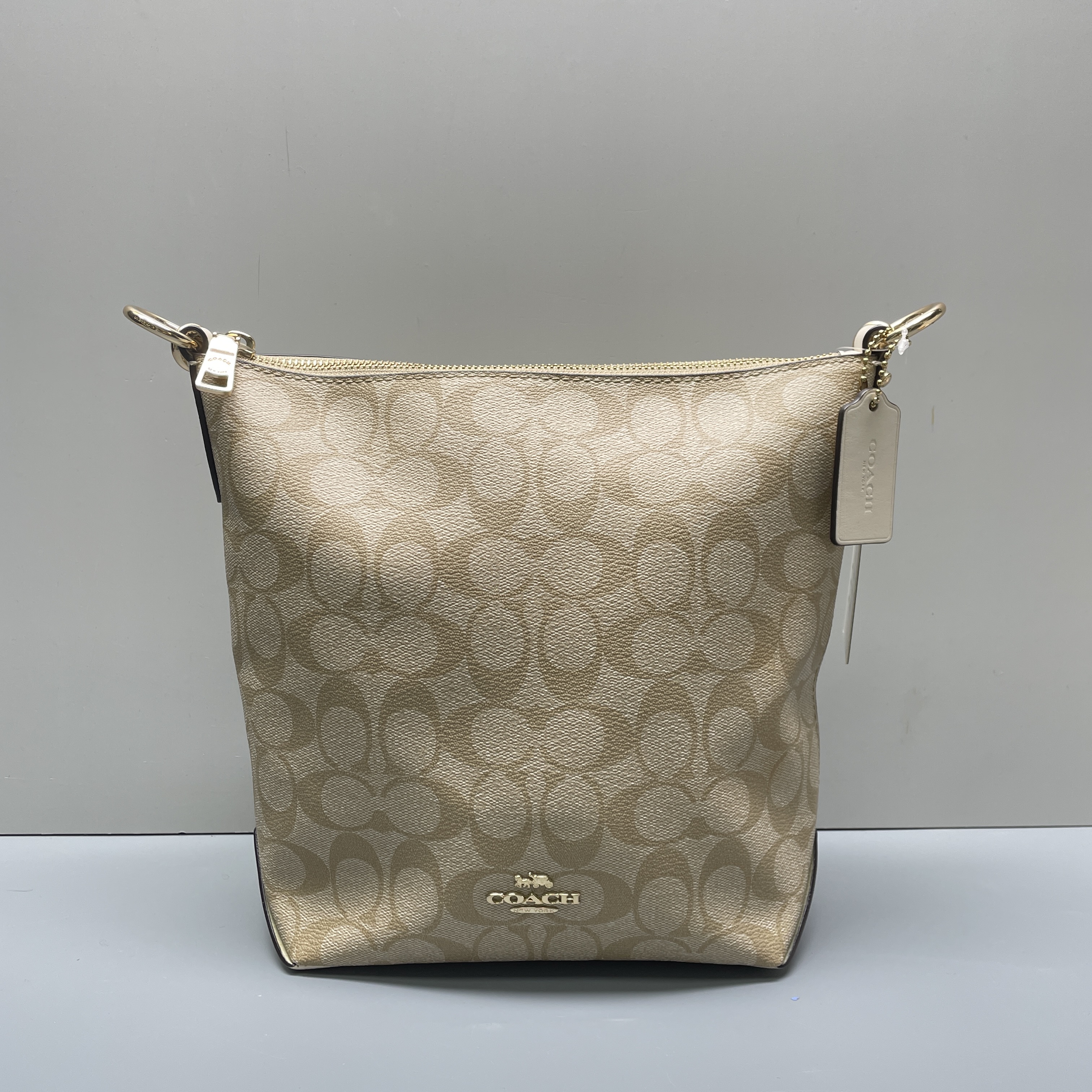 95新 COACH/蔻驰 少长肩带/白拼老花小水桶包21*23*9cmEM120307