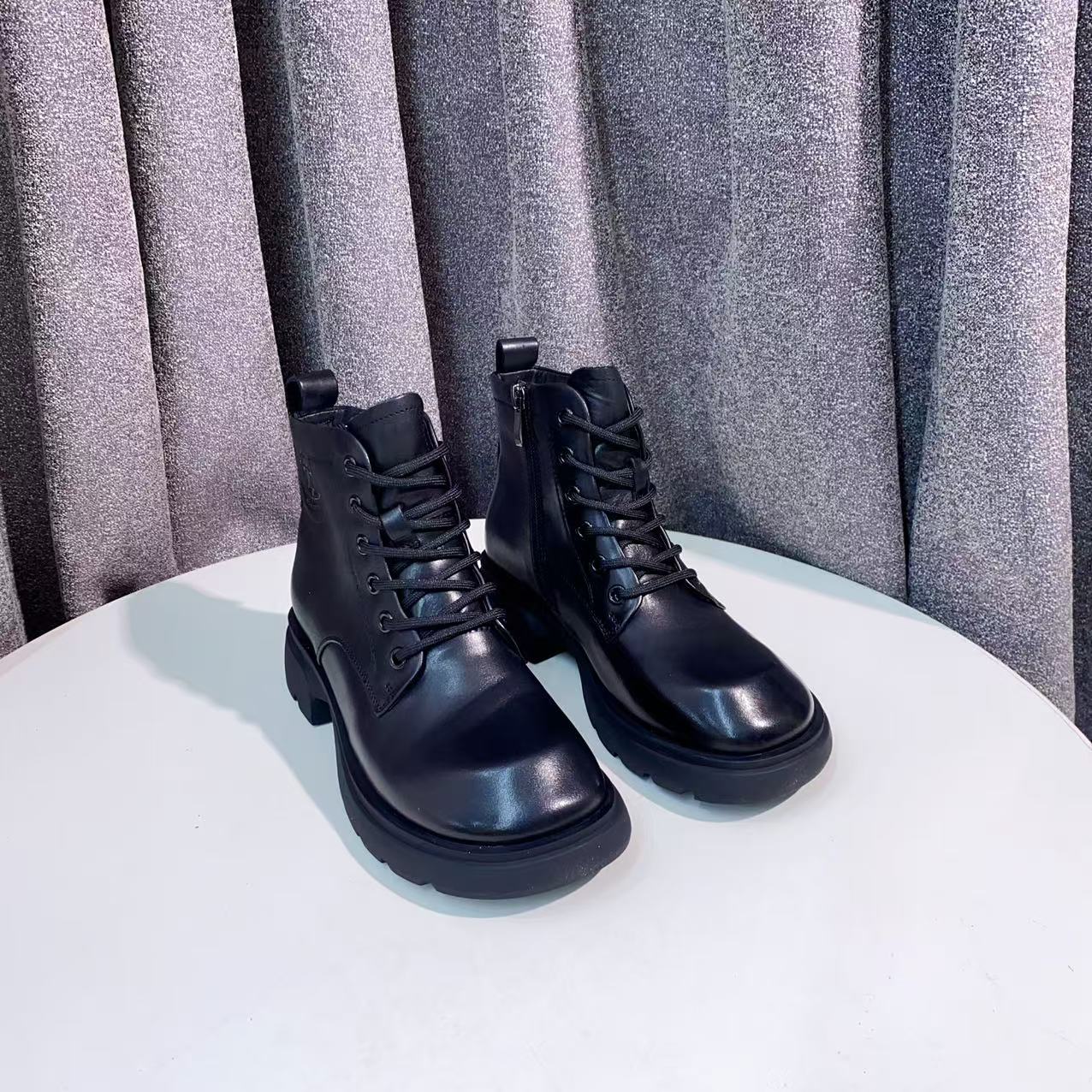 【表弟严选】C396 黑色 高端粗跟圆头真皮厚底短靴 马丁靴