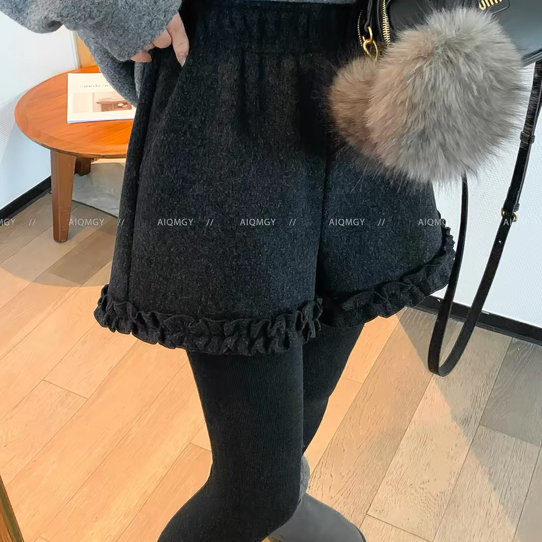 （裤长37）8593黑灰色木耳边加厚毛呢短裤冬季新款百搭