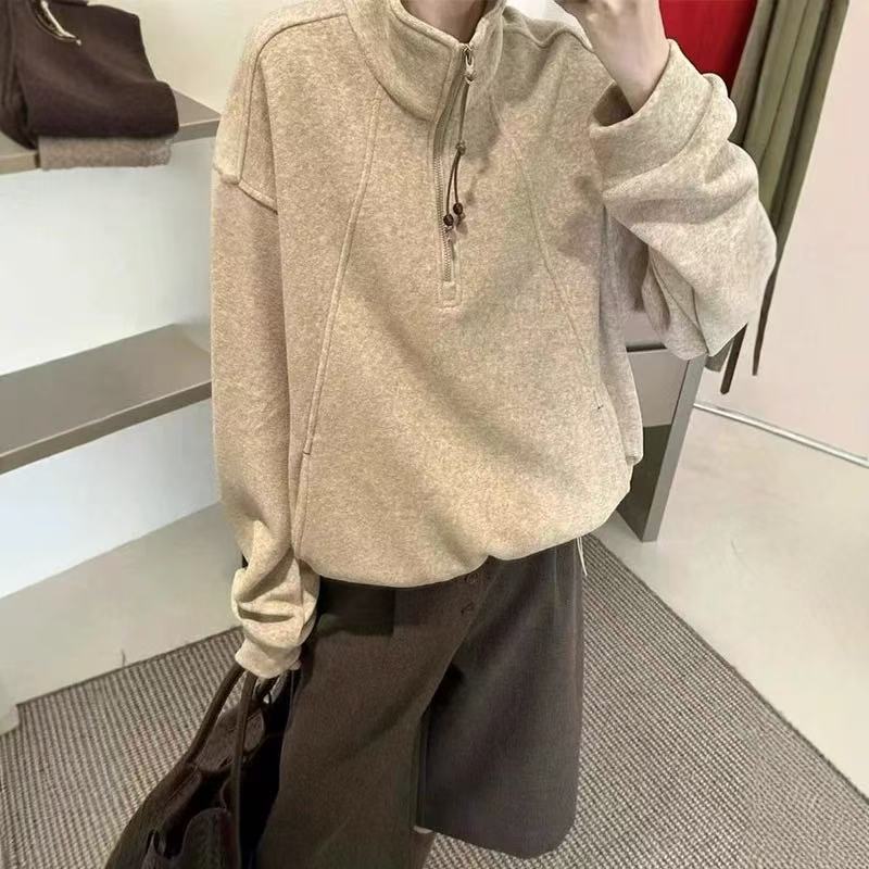巨好看爆款美式复古半拉链立领加绒卫衣女款秋冬2025新款上衣外套