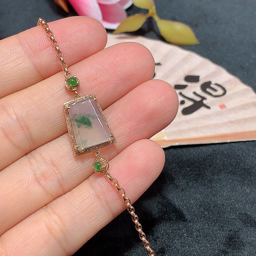 18k金天然A货翡翠飘花无事牌手链经典时尚气质百搭款