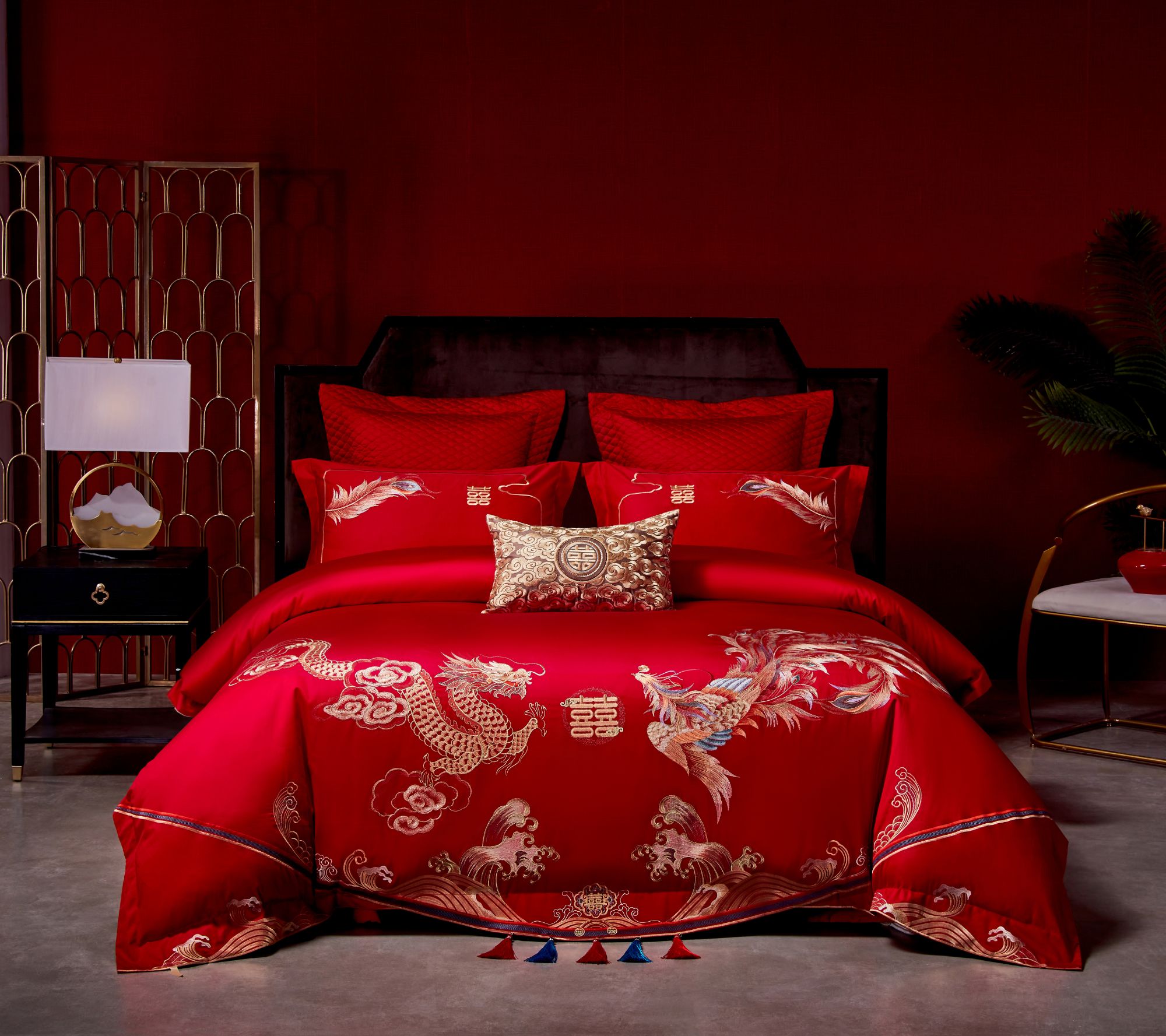 高端定制100长绒棉婚庆重工刺绣琴瑟和鸣纯棉四件套