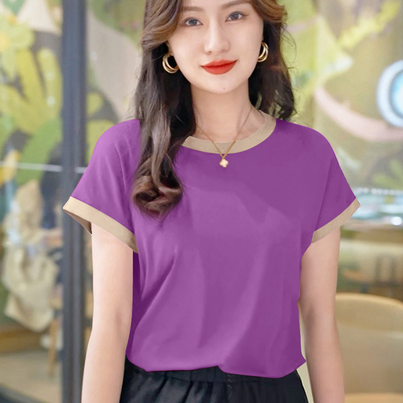 夏季新款显瘦纯色时尚气质圆领t恤女夏季百搭短袖螺纹打底T恤上衣