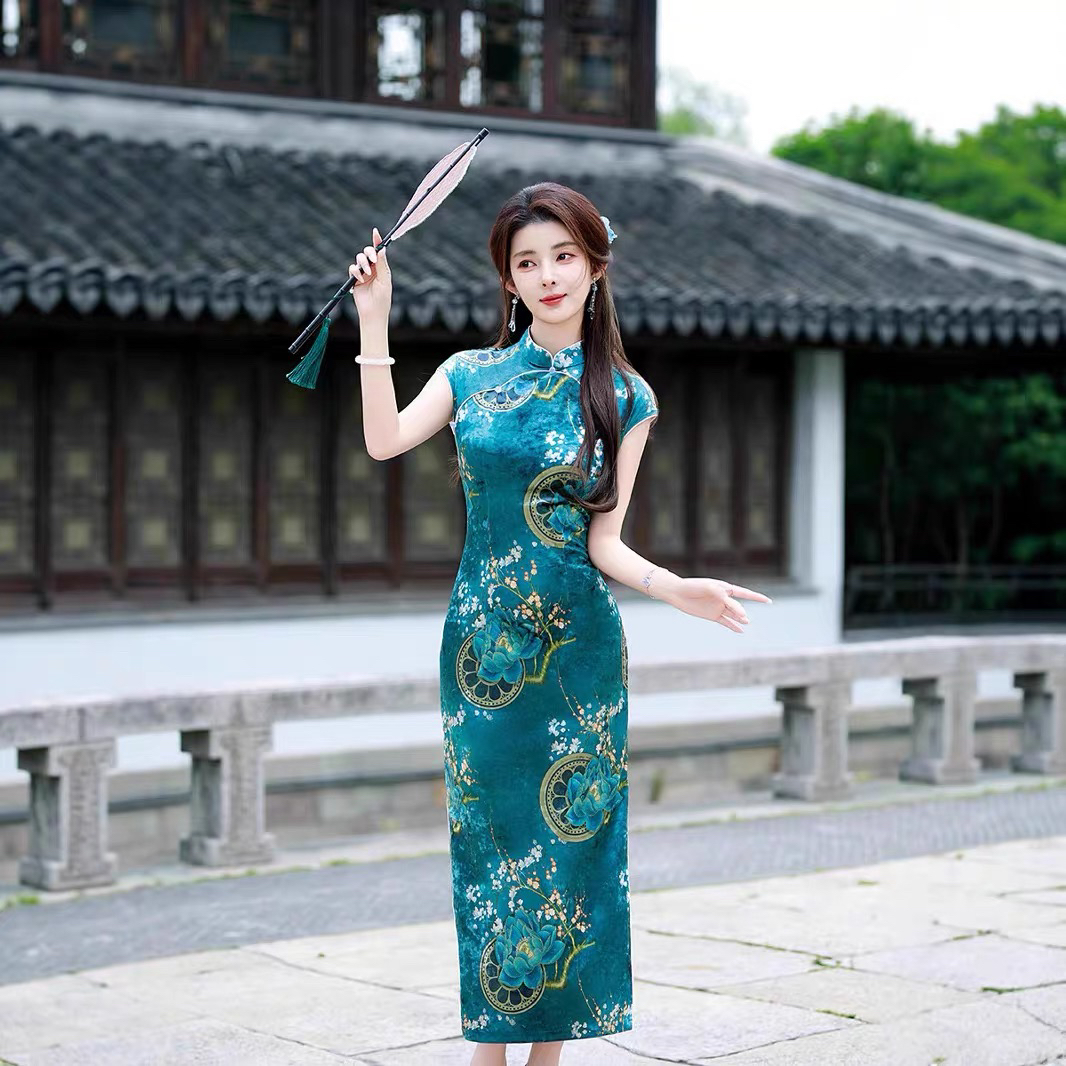 【796】衣长125cm金丝绒弹力单层气质旗袍