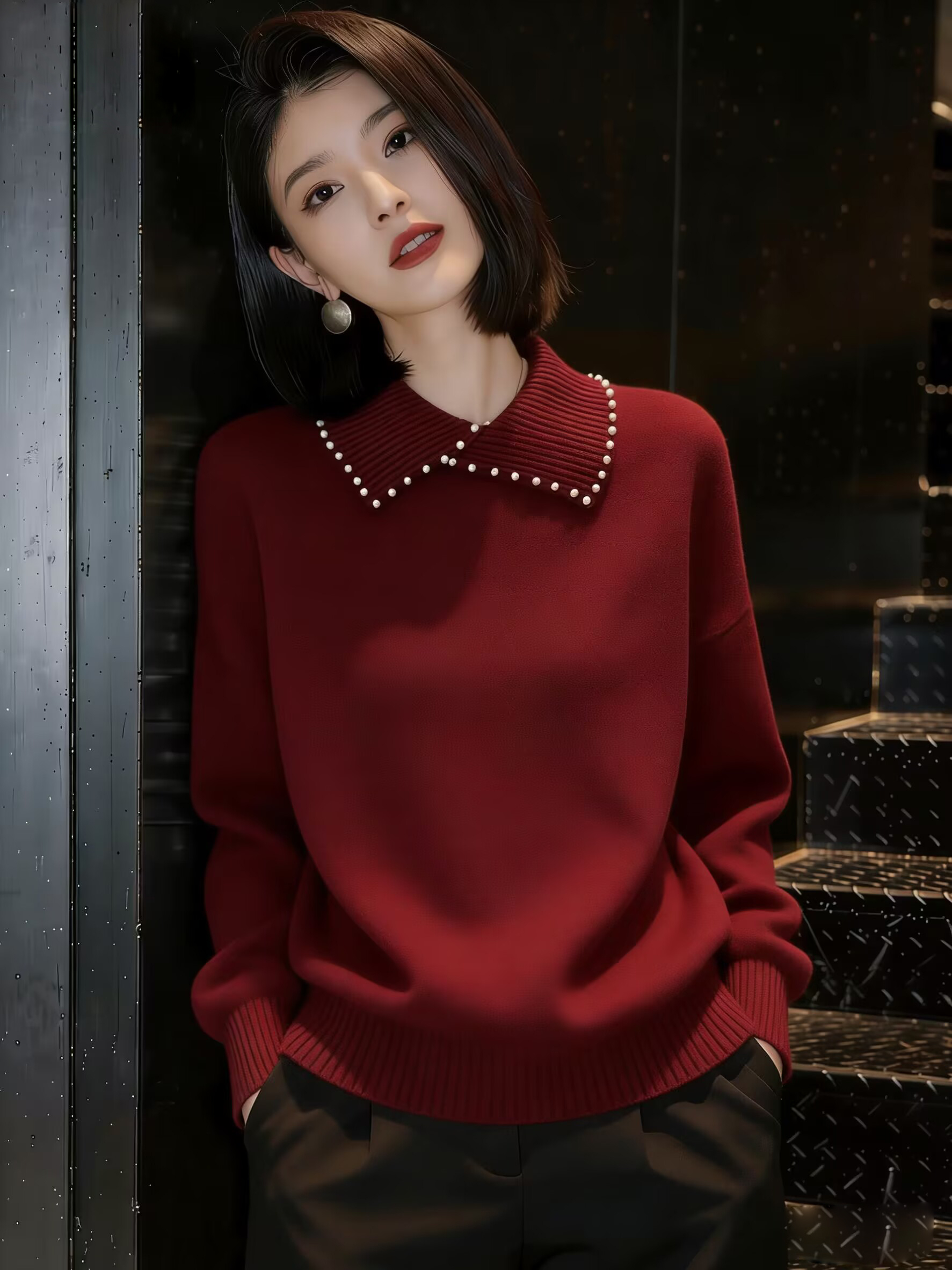 韩版翻领重工钉珠毛衣针织衫女2025秋冬新款宽松显瘦上衣打底衫潮