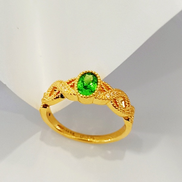 世嘉足金999金戒花丝镶嵌碎钻绿宝石时尚优雅气质设计HB