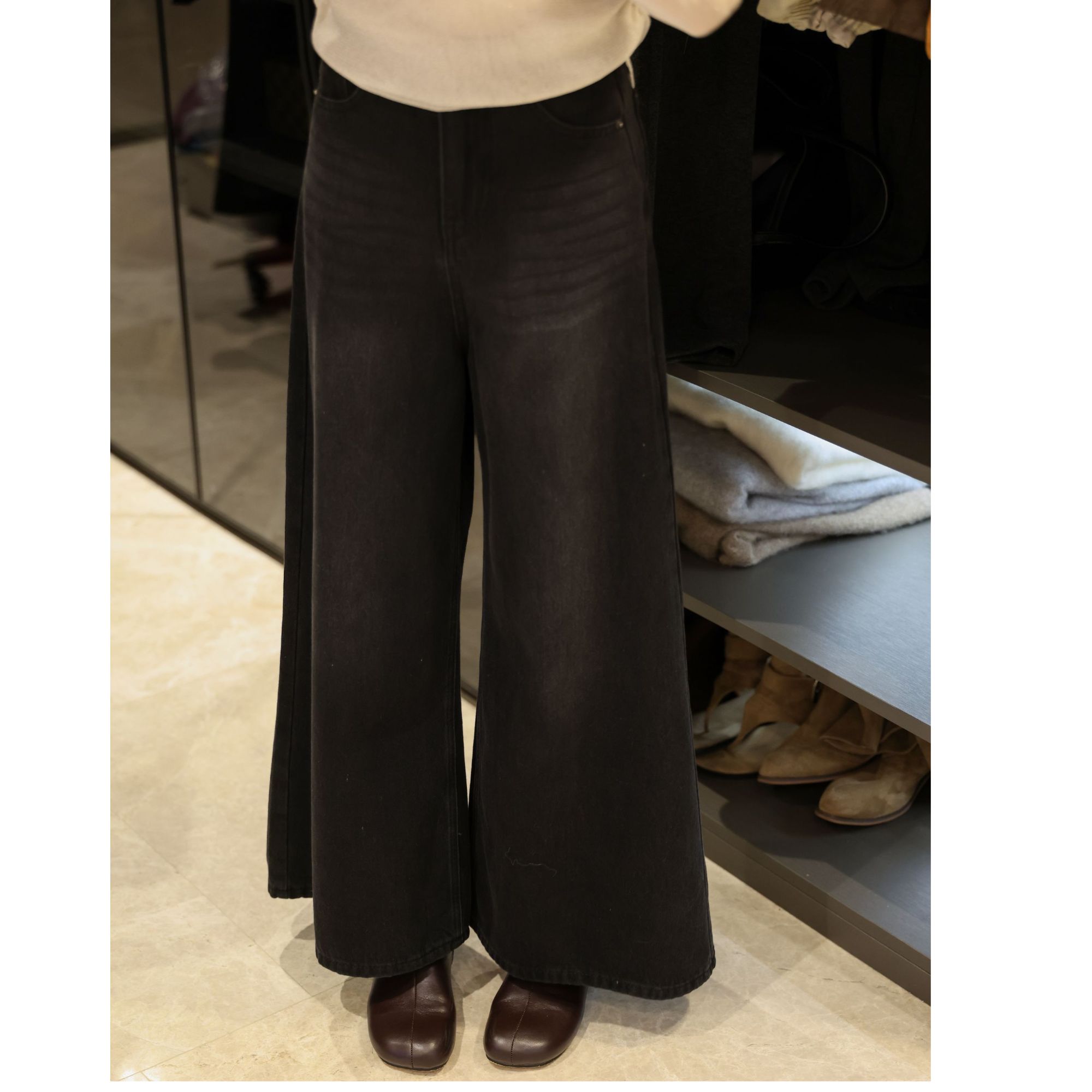 【古古】秋冬阔腿磨毛百搭深灰色高腰显瘦韩系百搭通勤牛仔裤G25813