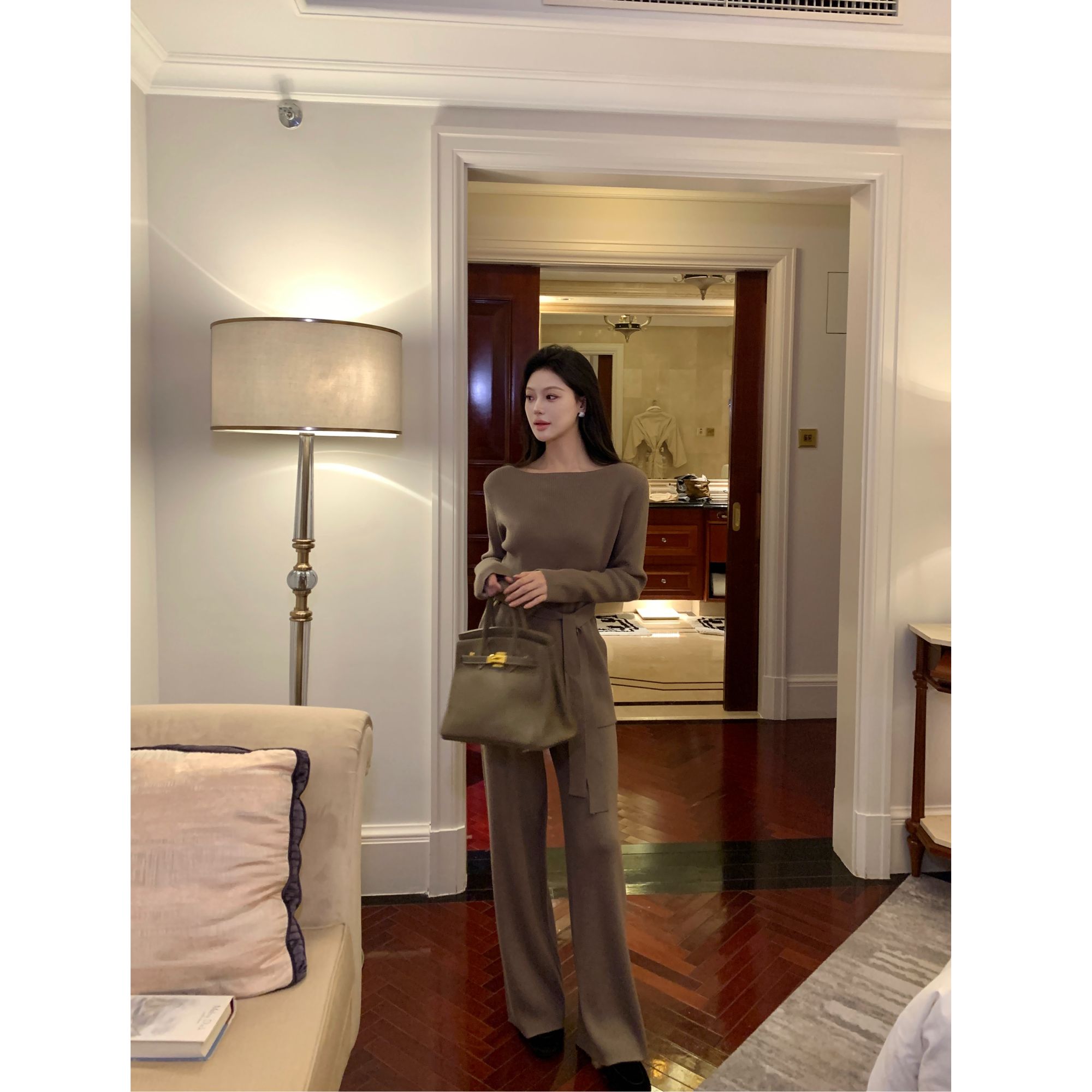 JINY | “轻暖进阶"【羊毛】一字领收腰毛衣女+阔腿休闲裤 MAM30933