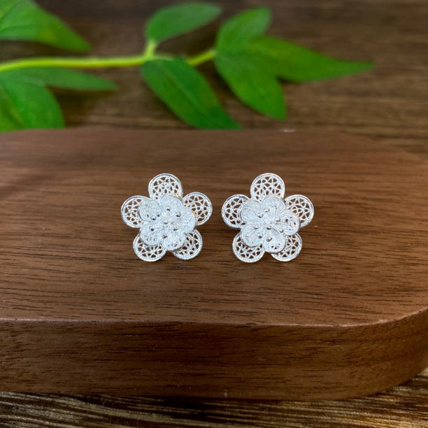 足银耳饰 桃花朵百搭耳钉耳环手工复古苗族花丝气质镂空耳环耳钉