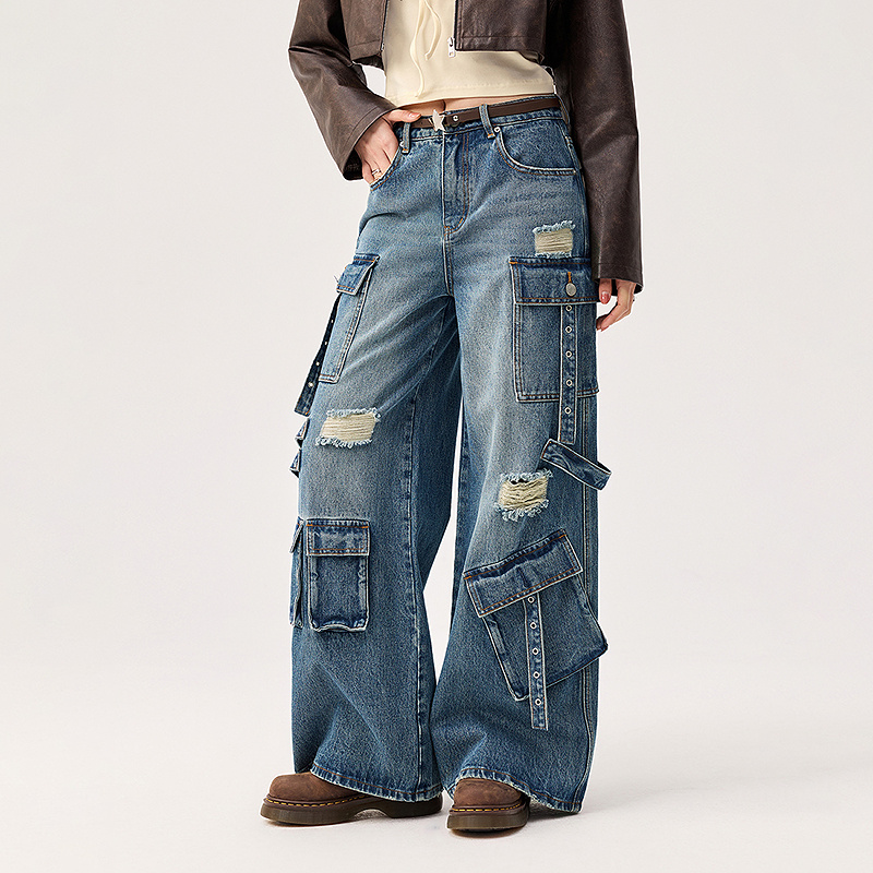 【5】CHUU多口袋高腰阔腿版型显瘦辣妹高街风显瘦牛仔裤FHFE010W