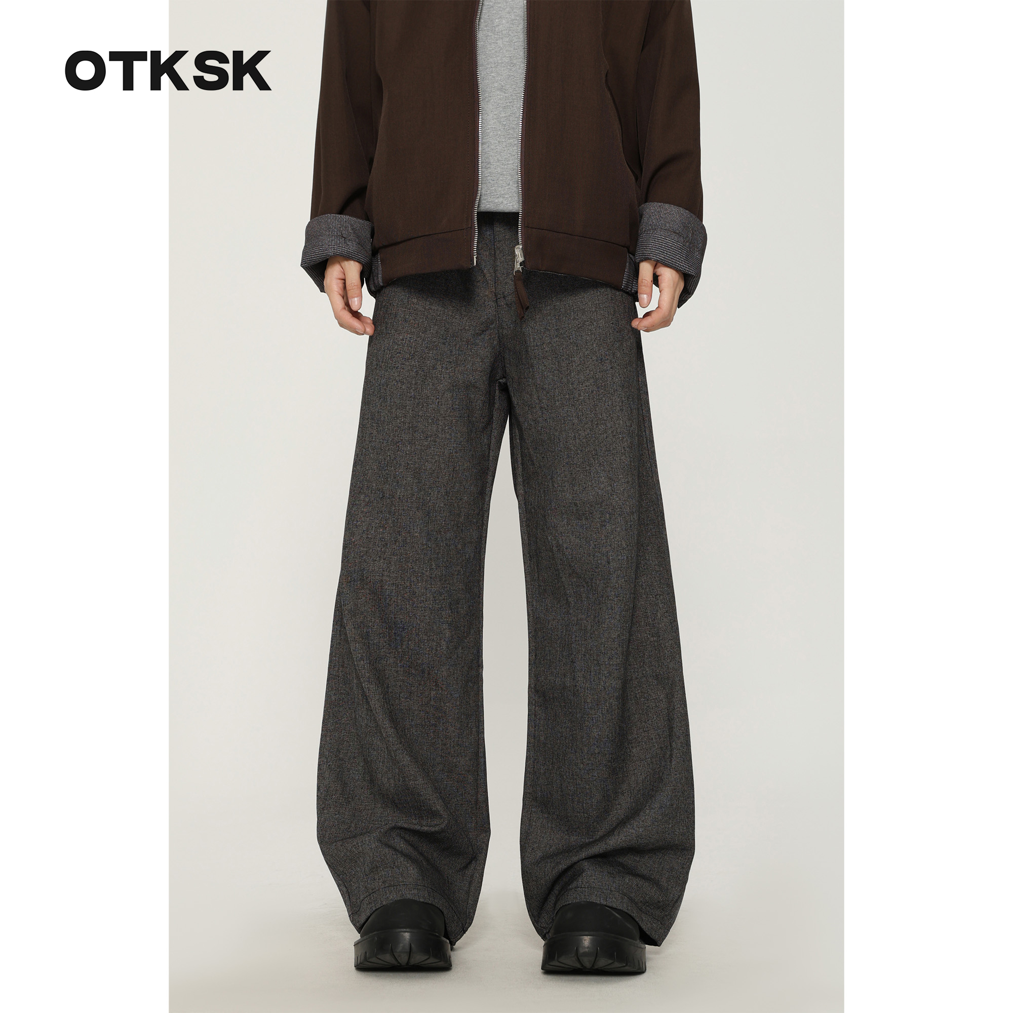 otksk宽松长裤保暖中复古腰常规直筒裤休闲裤美式拖地设计师秋冬