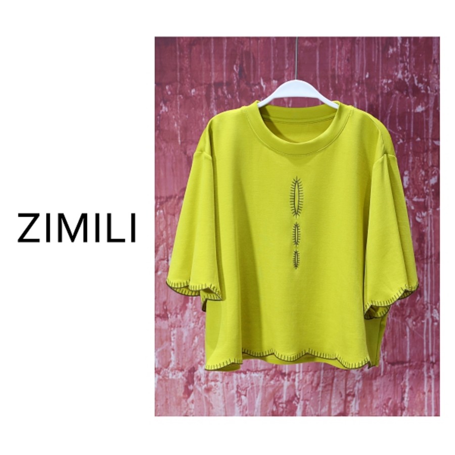【亮哥女装】2025欧版设计师小众秋黄绿刺绣高克重休闲短袖8218-C1