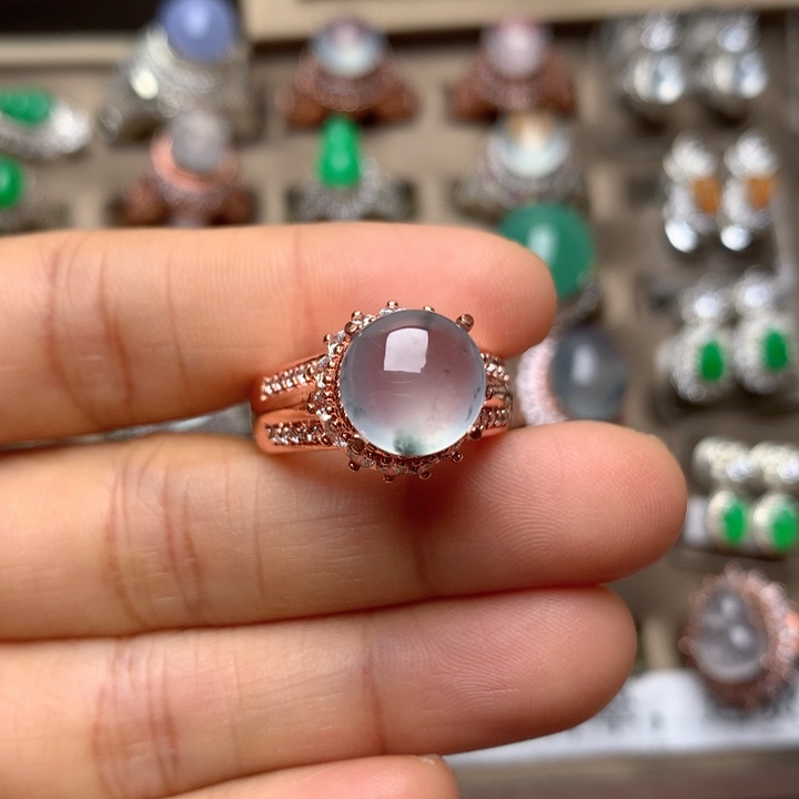 翡翠合金戒指翡翠高冰起光飘乌鸡花戒面