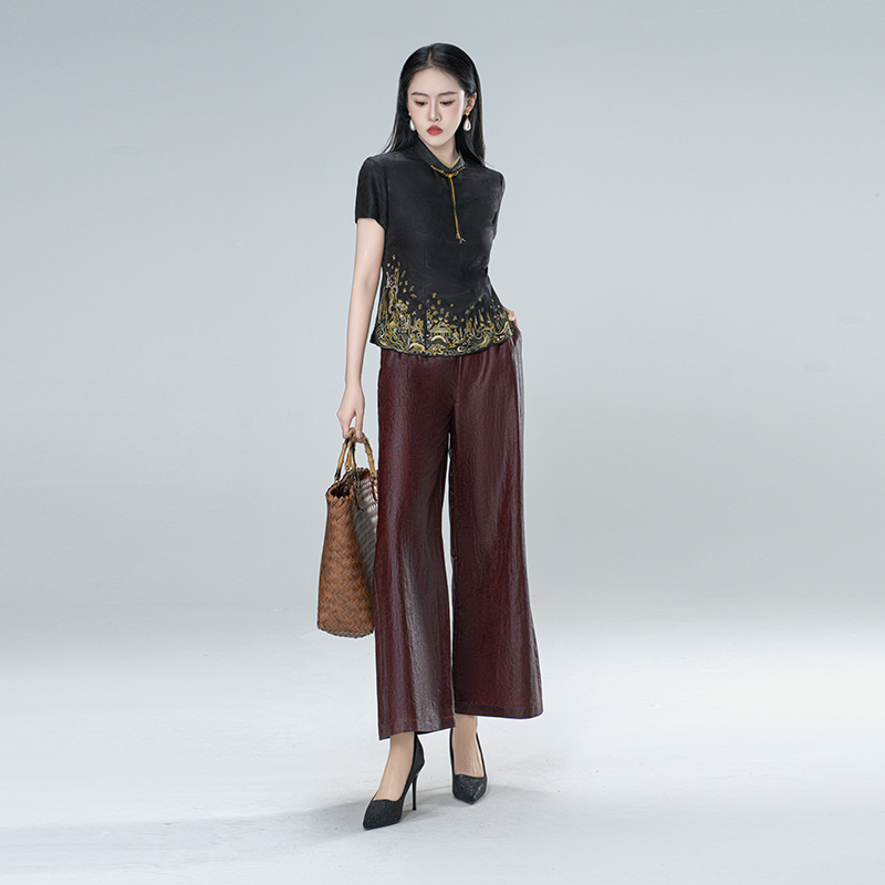 香云纱[染月]时尚龟裂纹刺绣长款松紧腰休闲直筒裤---41386