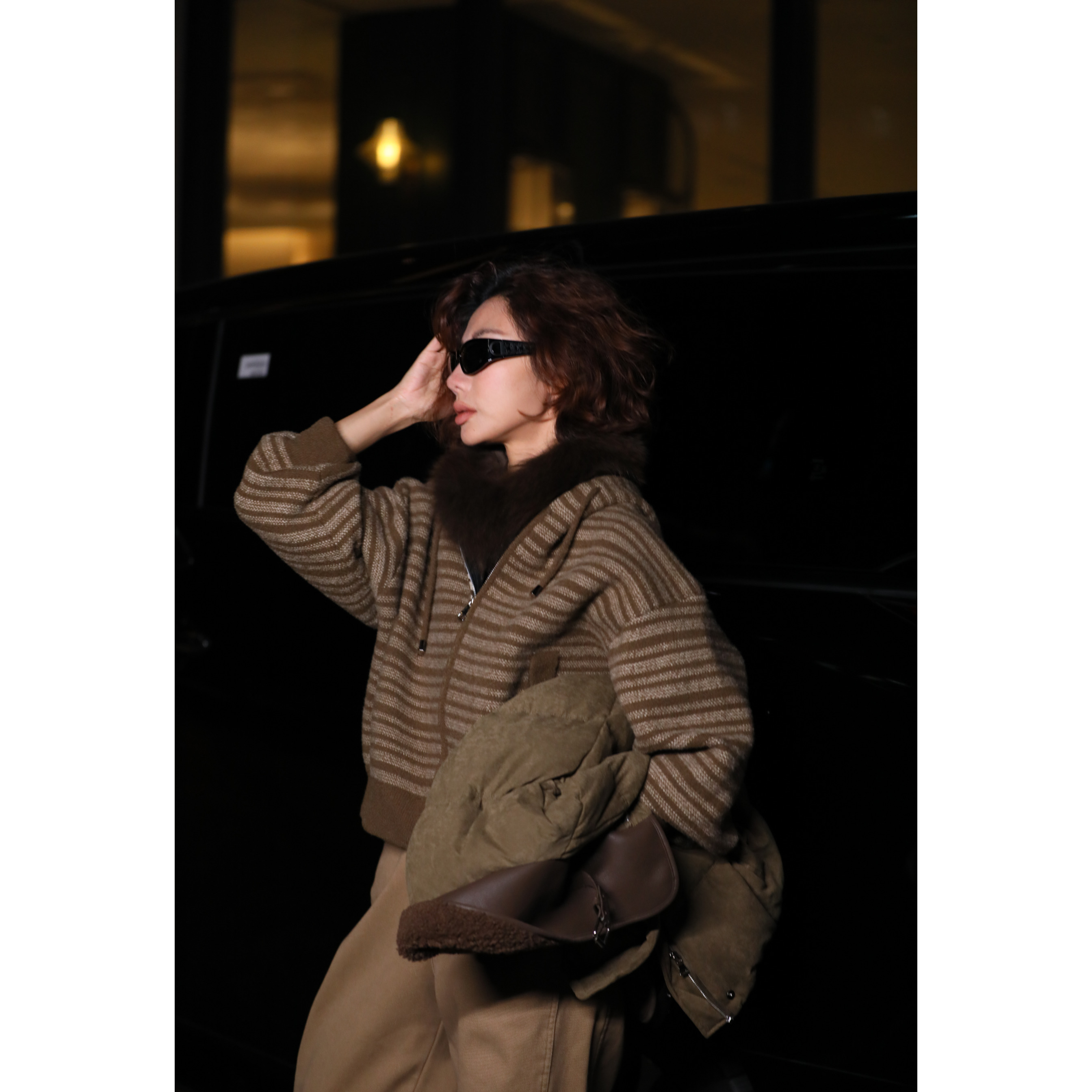 七奈「艺绪」条纹连帽显瘦百搭毛衣QN13147