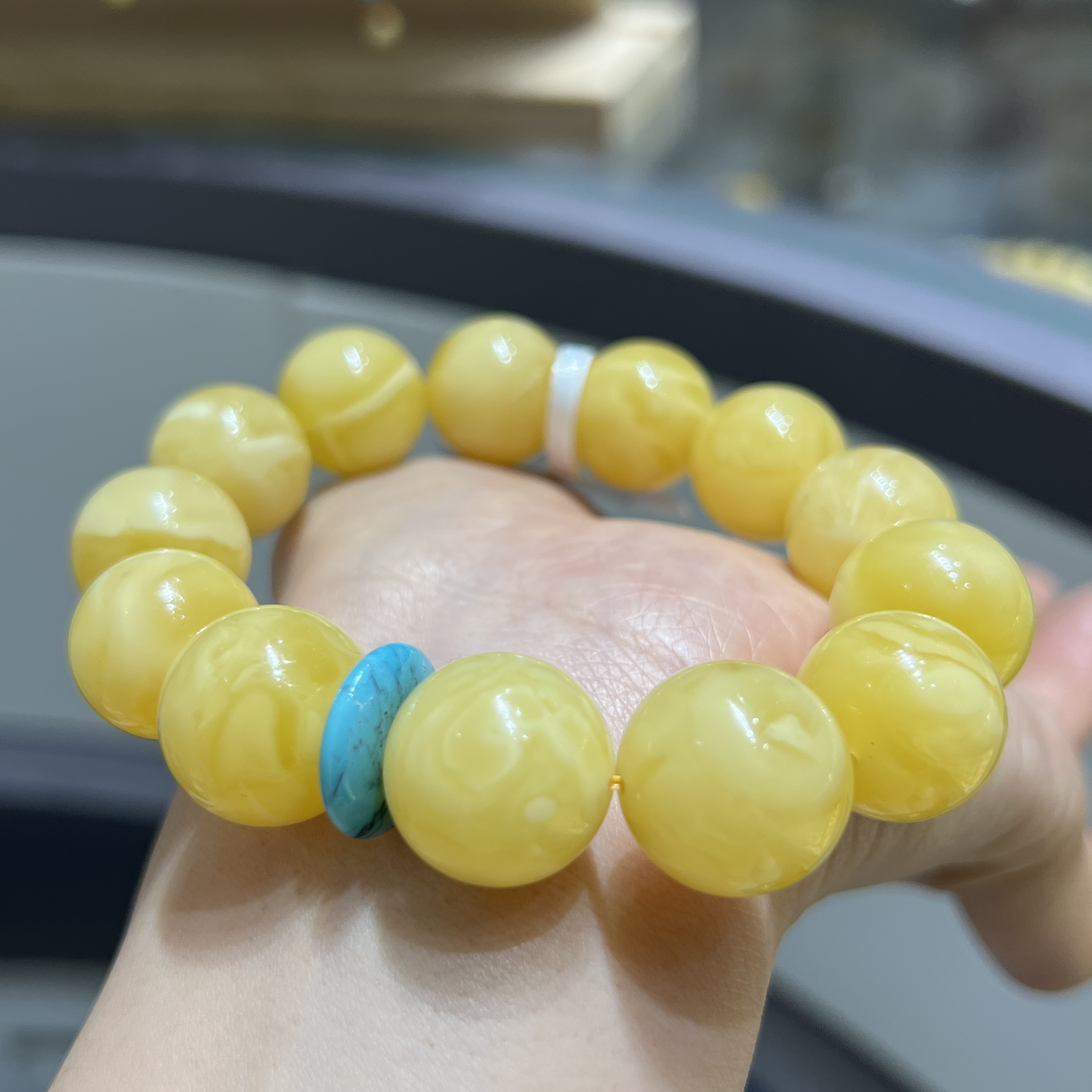 天然蜜蜡俄料白花蜡圆珠手串16㎜➕