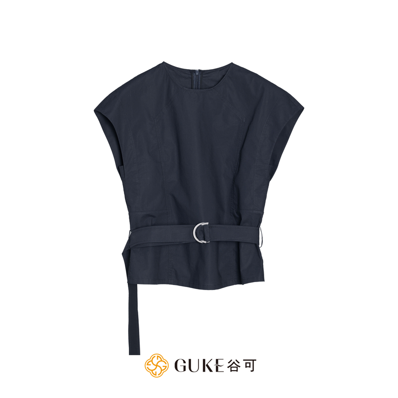 GKE/谷可C7570时尚小衫上衣夏季轻奢气质设计感小众圆领纯棉衬衫