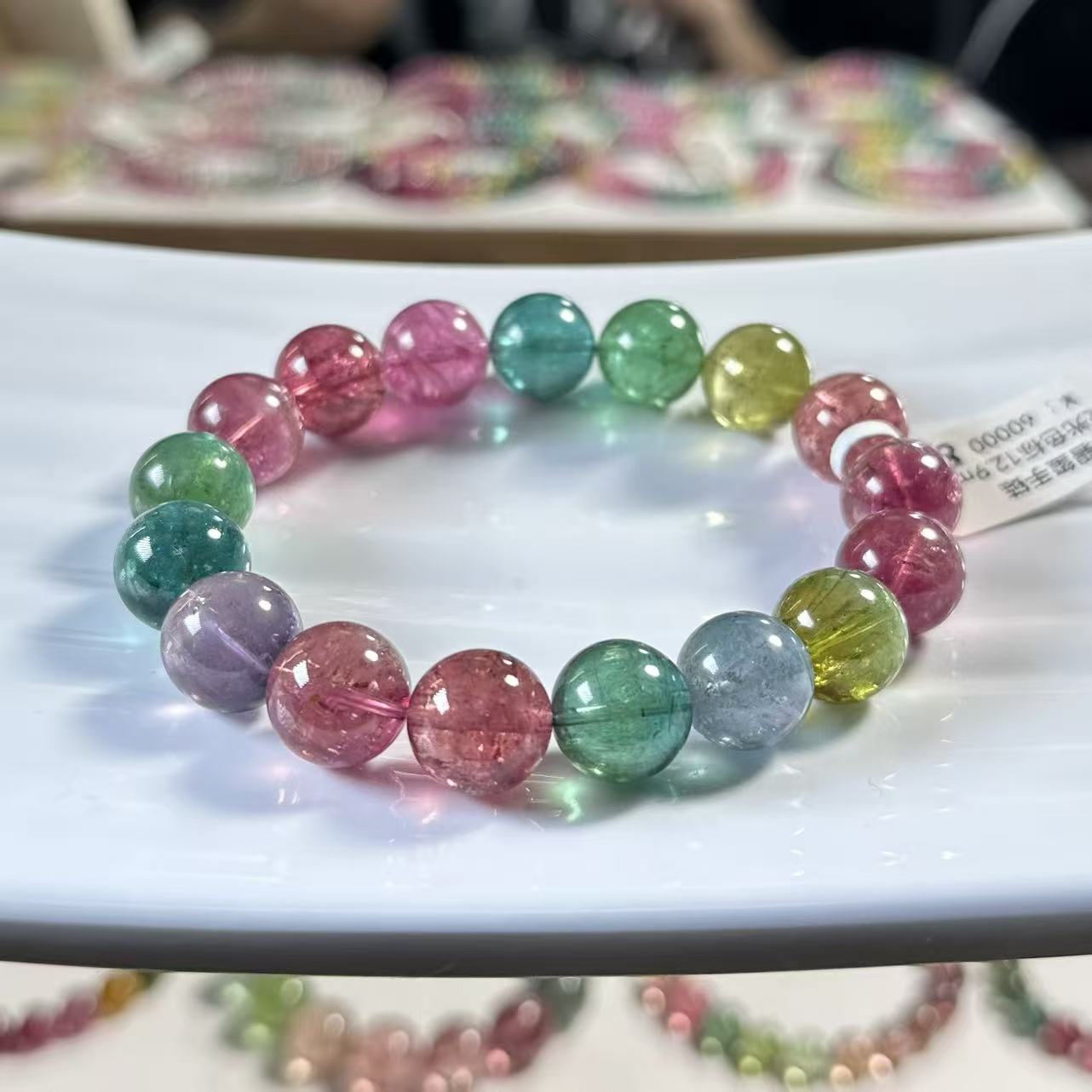 天然碧玺典藏款甄选荧光色标玻璃体经典款色系碧玺手链12.8mm
