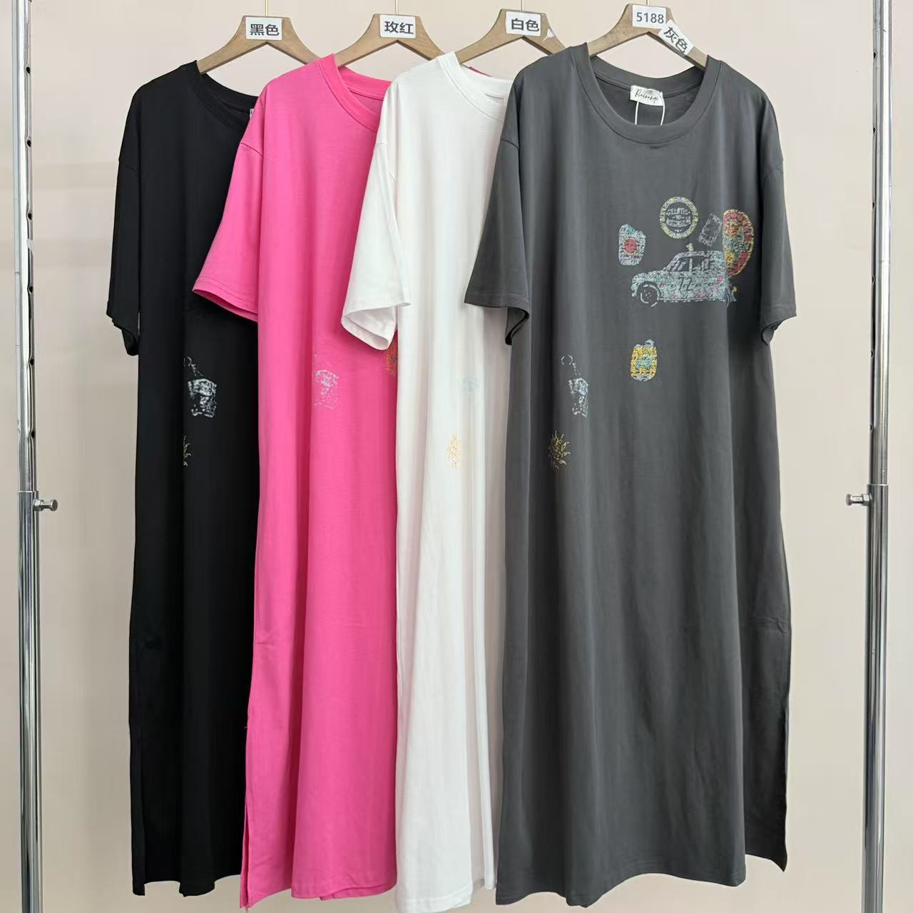 5188号1009#圆领抽象印花图腾宽松休闲长款T裙