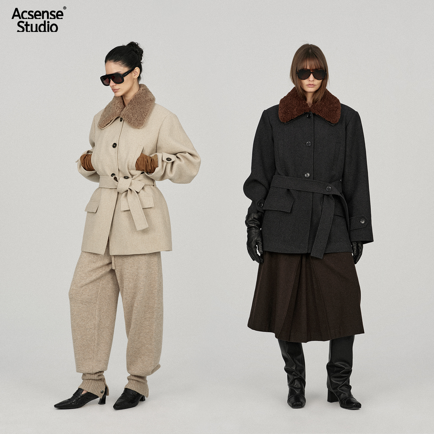 【12.15新品】ACSENSE STUDIO 宽松撞色可拆毛领直肩羊毛大衣外套