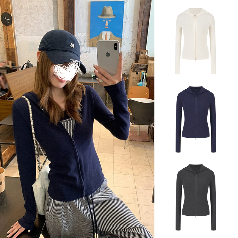 Moses Queen/魔西女王双拉链连帽开衫外套女秋季百搭修身显瘦上衣