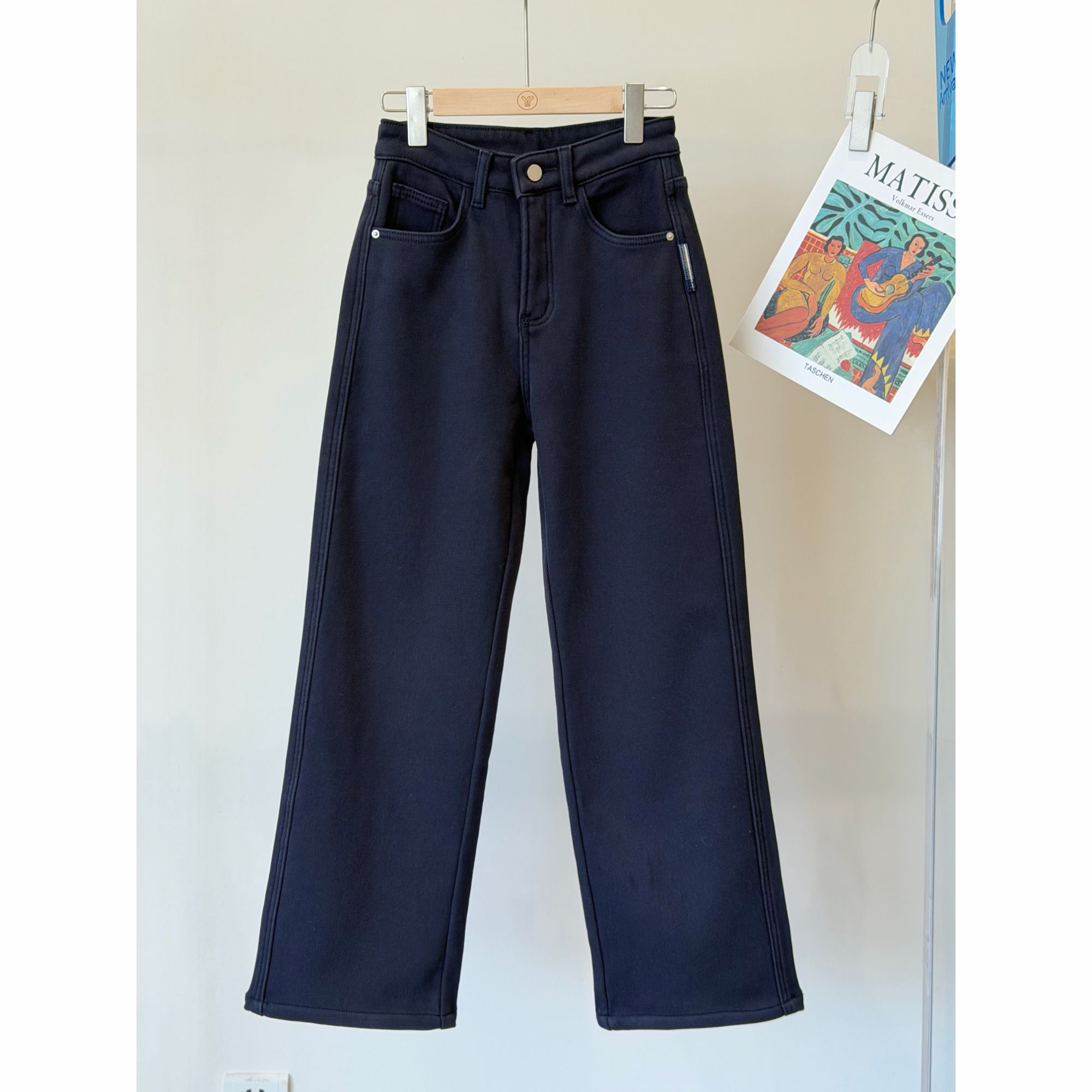 小个子圆圆Y403密密绒保暖加厚直筒牛仔裤冬季高腰藏青色休闲裤女