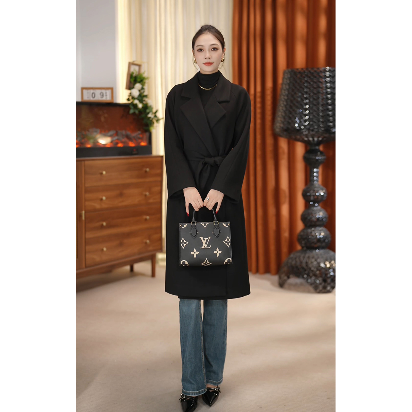 2025冬季通勤时尚宽松型老钱风女中长款毛呢外套毛呢大衣PWW1130H