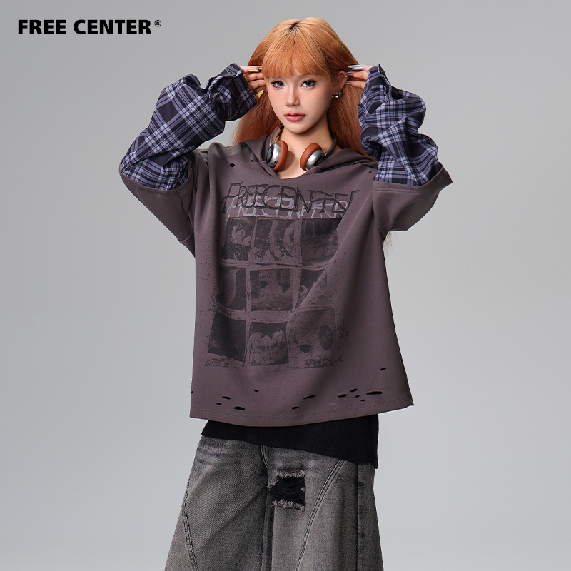 Free Center美式假两件迷彩拼接长袖T恤男女秋废土做旧磨破连帽衫