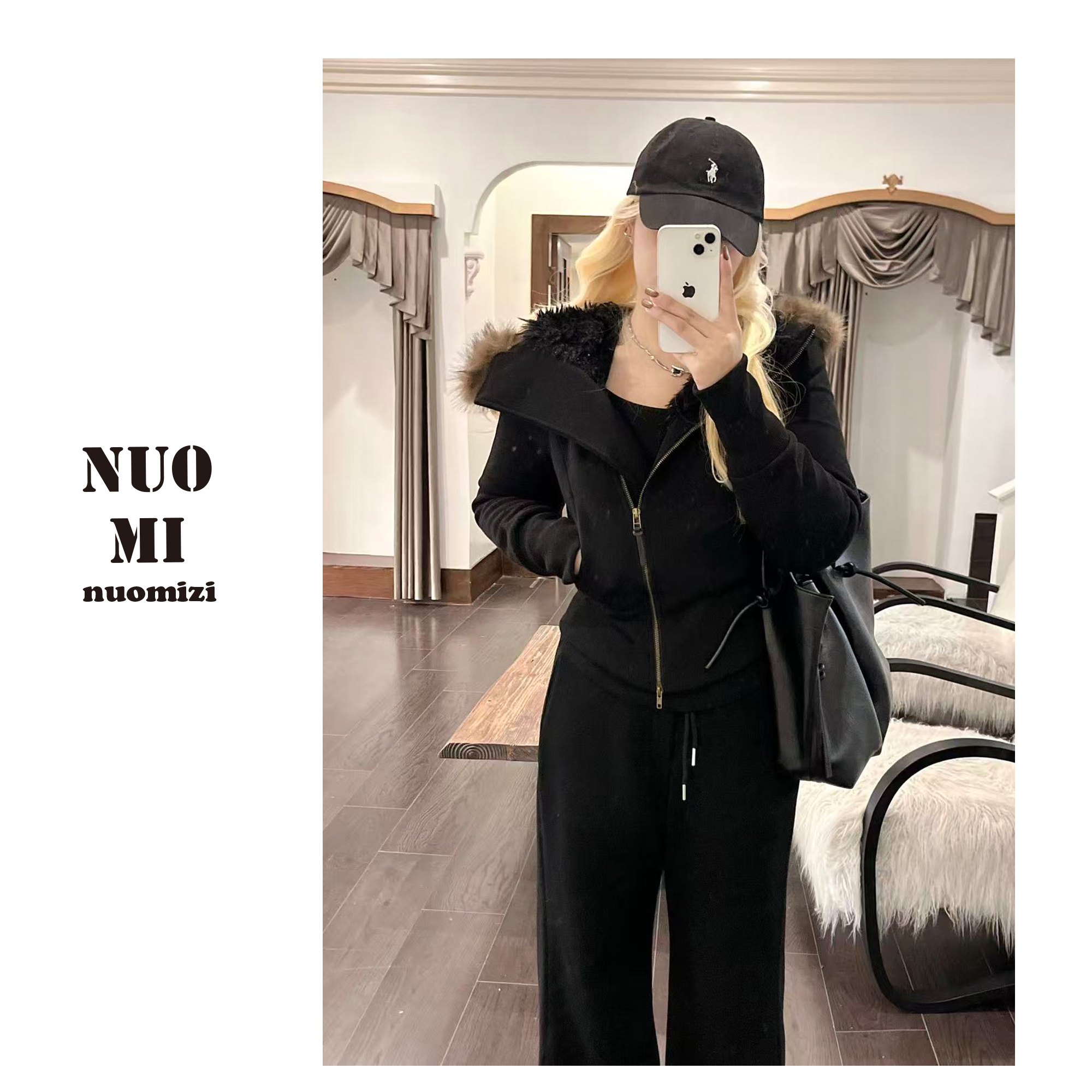 ZOZ糯米子[首尔旧街]收腰版连帽毛领短款秋冬设计感加厚卫衣外套