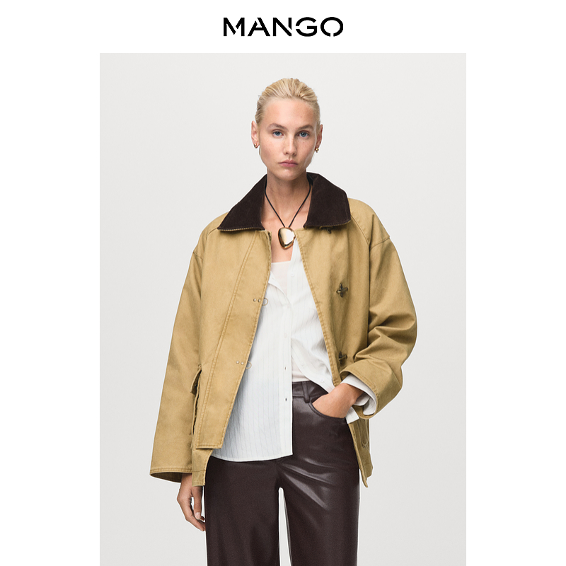 MANGO女装短外套2025秋装新款巴恩风撞色拼接宽松金属扣派克服