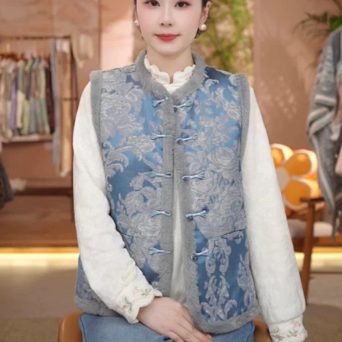 高端洋气蓝色新中式国风对襟盘扣马甲冬保暖外穿背心保暖唐装